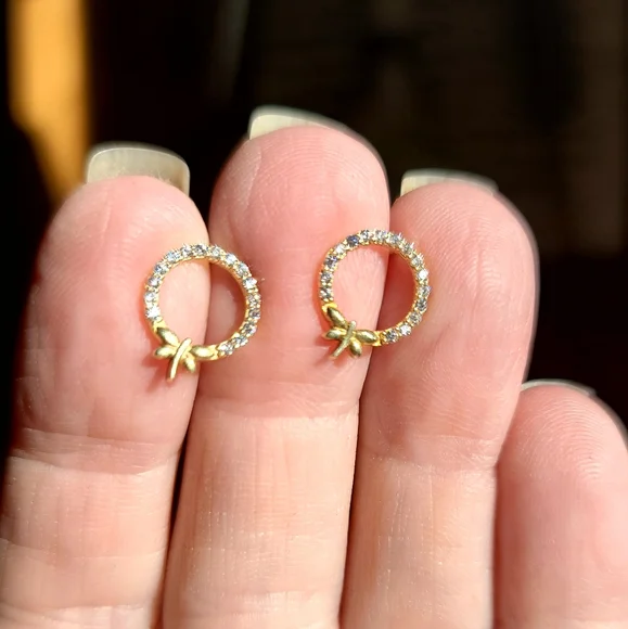 Dainty dragonfly on a circle of white Topaz sterling & gold Earrings - Picture 6 of 6